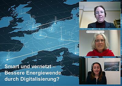 Screenshot der Veranstaltungen (Moderatorinnen und Referentin im Gespräch)