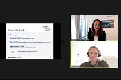 Daniela Niethammer (ESYS-Koordinierungsstelle) im Gespräch mit Anna Leidreiter (Referentin Wasserstoff und Erneuerbare Energien des Landes Schleswig-Holstein), Screenshot